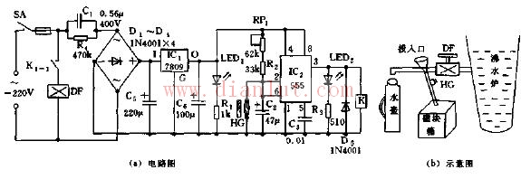 Automatic water supply circuit is formed by 555 integrated chip