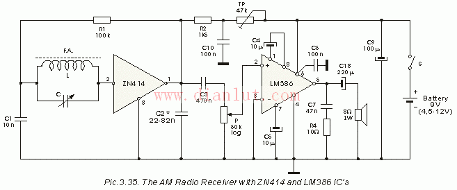 Receiver circuit designed by ZN414 and LM386