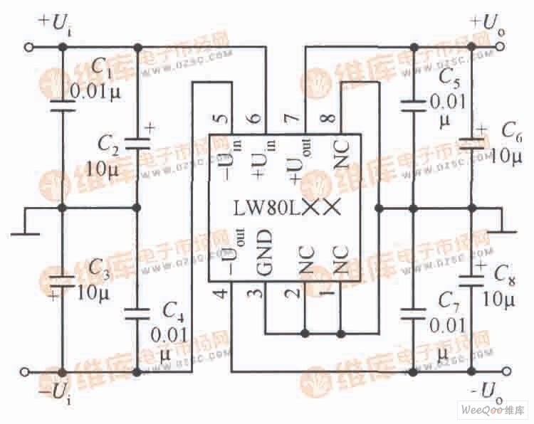 Typical Application Circuit of LW80L×× Series Fixed Output Positive and Negative Voltage Dual Output Integrated Regulator