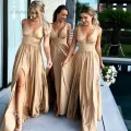 Summer Champagne Bridesmaid Dresses 2020 Sexy V-Neck A-Line Long Maid of Honor Gowns with Split Formal Wedding Guest Dresses