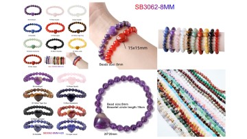 Love heart Gemstone 8MM Round Beads Bracelets SB3062