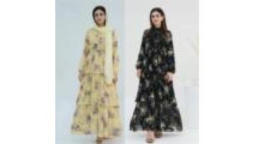 Wholesale Summer Floral Print Pleated Layer Muslim Long Dress Women's Vacation Party Dress Abaya1
