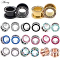 Alisouy 2pcs Stainless Steel Crystal Zircon Ear Tunnels Plug Screw Fit Colorful Ear Flesh Gauge Ear Expanders Piercing Jewelry