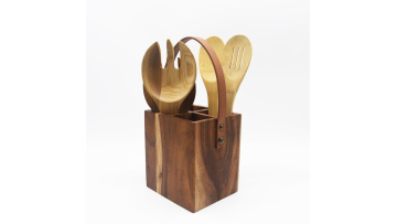 Acacia Kitchen Organizer Wood Cooking Utensil Holder with Leather Handle Naturally 4 Compartment for Non-folding Rack kitchen ut1