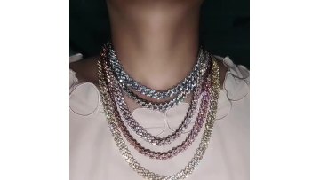 Hip Hop Lced Out CZ 9mm Cuban Link Chain Gold Plated Blue Pink Cubic Zirconia Miami Cuban Chain Bling Rapper Necklace1