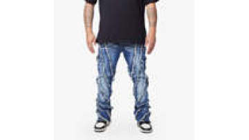 Unique Design Streetwear Fashion Men Jeans Stacked Straight Leg Denim Pants Patchwork Raw Hem Jeans Custom1