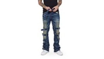 Custom Flare Denim Jeans Length Ripped Jean For Men Blue Wash Side Zipper Jeans1