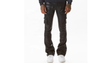 Black Stacked Leather Straight Leg Slim Fit Skinny Six Pocket Jeans Men Custom1