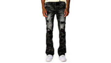 Custom Destroyed Distress Hole Flare Fit Vintage Dark Gray Stacked Jeans Denim Men's Jeans Pants1