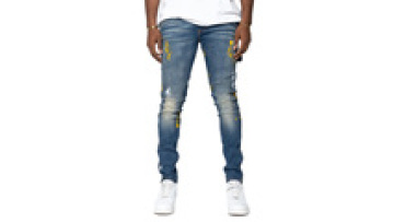 Wholesale Distressed Custom Blue Splash ink Jean Trousers Skinny Denim Pants Ripped Men Stacked Jeans1