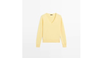Women's soft and creamy yellow deep V-neck wool knitted sweater