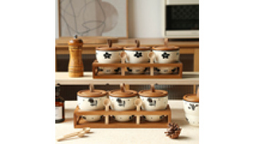 Wooden Rack with Ceramic Spice Jars for Kitchen Seasonings1