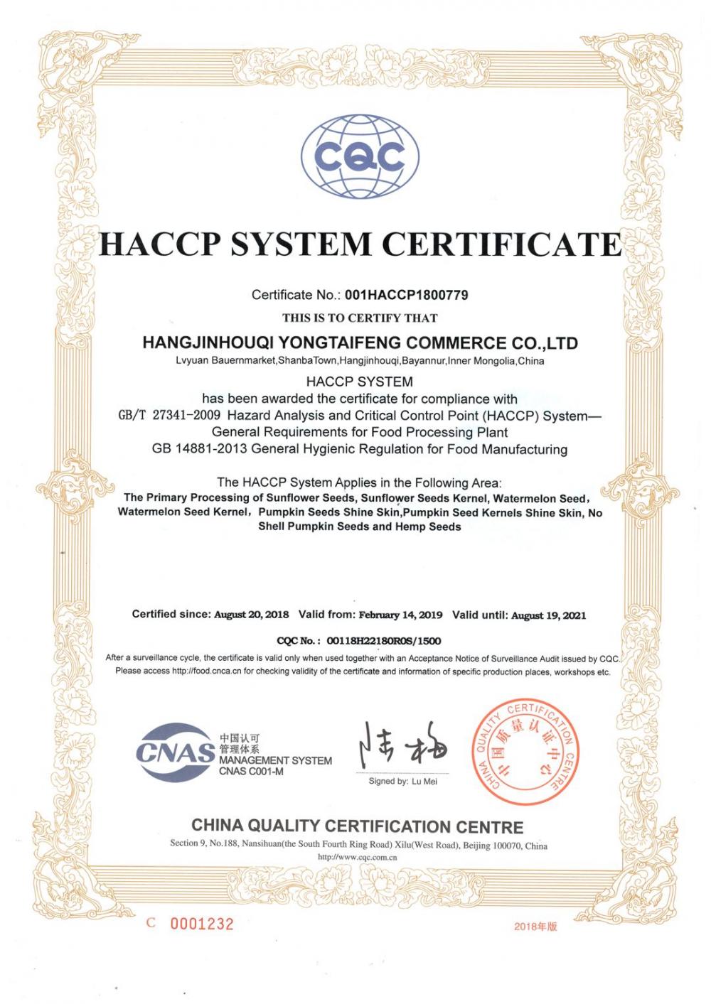 HACCP CERTIFICATE 