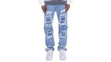 Men Sky Blue Six Pockets Faded Distressed Jeans Ruffled Ripped Denim Pants Men1