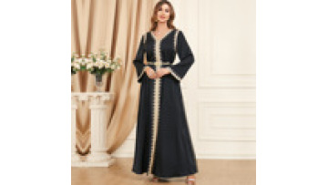 UNI Top Selling High Quality Muslim Women V-neck Long Sleeve Solid Color Abaya Dress Long Sleeve Pleated Modern Girls Abaya1