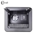 COSWALL Matte Black Aluminum Body EU Outlet + 2 USB Charging Port Table Socket With Dustproof Brush Damping Clamshell Cover