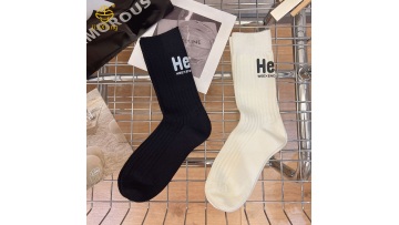 Korean version letter vertical stripe black and white mid tube socks