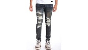 Popular Style Snow Wash Paint With Men Ripped Knee Jeans Streetweaar Stacked Fading Black Jeans1