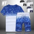 Casual Men Tracksuit Set Summer New Gradient Splash Ink Suit 2 Pieces T Shirts+Shorts Gym Fitness Slim Fit Sportswear Men Jogger