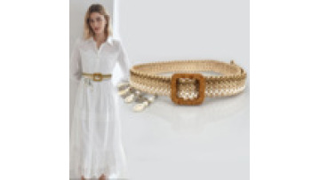 Rewin Niche Design Conch Beads Tassel Skinny Raffia Elastic Belt with Wooden Square Buckle1
