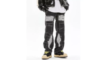 Custom Men Six Pockets Baggy Denim Jeans Men Gray Acid Wash Cargo Stack Pants1