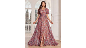 V-Neck Puff Sleeve Floral Print Maxi Dress Ramadan Jalabiya Party Gown with Pleated Slit for Women1