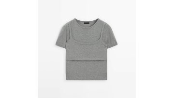 Women's contrasting fake two piece short sleeved knitted sweater