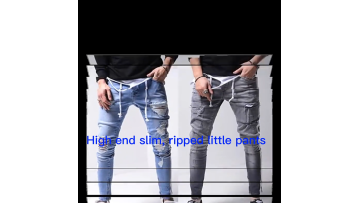 New Korean version ripped skinny slim small stacked feet youth mid-waist trousers men's black jeans1