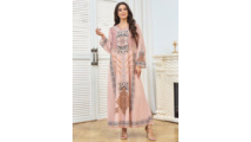 Elegant Arabic Women's Printed Loose Long Sleeved V Neck Dress New Dubai Ramadan Jalabiya Middle Eastern Muslim Eid Evening Robe1