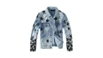 Custom Design Jean Jacket Men Pattern Printed Pentagram Denim Jacket Broken Hole Print Gradient Washed Jacket For Man1