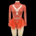 Red Silver Rhinestone Lace Long Sleeve Bodysuit Birthday Celebrate Prom Outfit Women Dancer Singer Performance Show Stage Wear