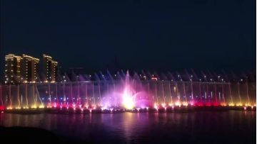 A panoramic view of the colorful lake fountain