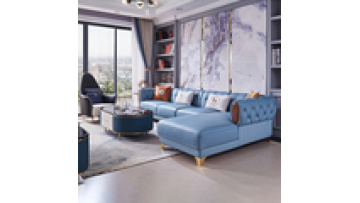 Italian Luxury Blue Leather Stainless Steel legs wood grain sectional L-shape sofas1