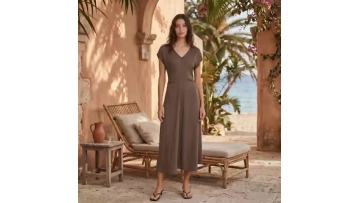 Brown V-Neck Short-Sleeve Midi Dress 1