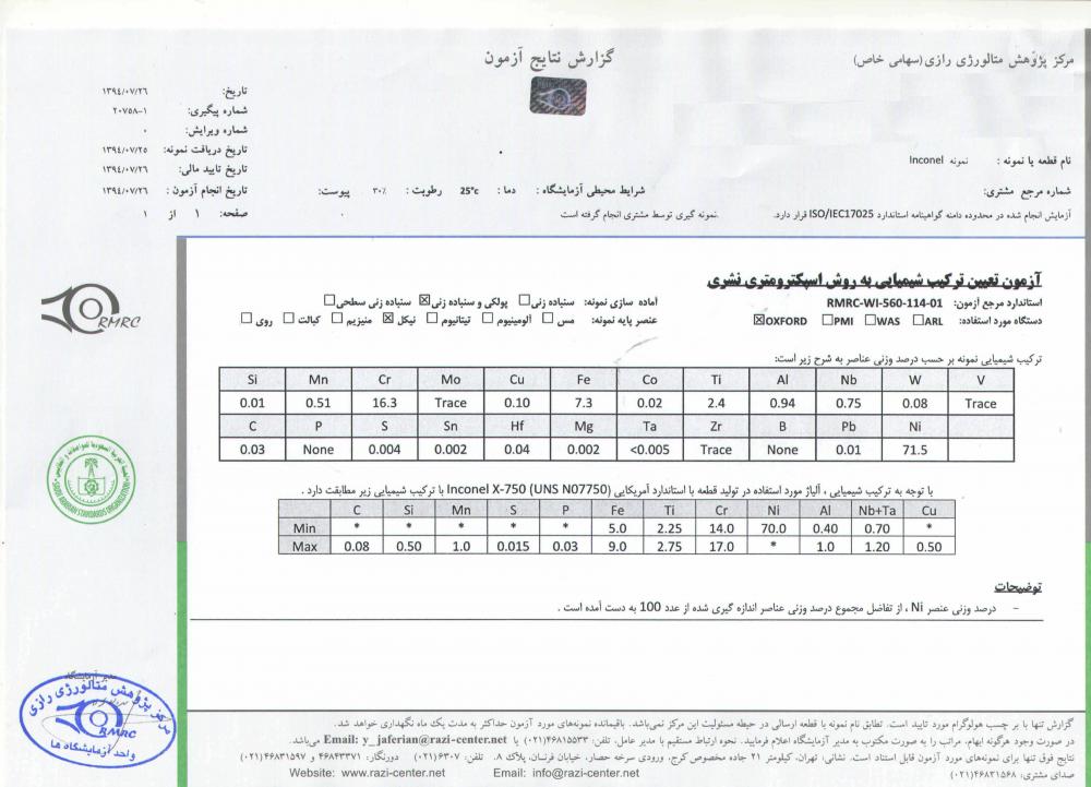 Inconel X-750 testing report from Iran
