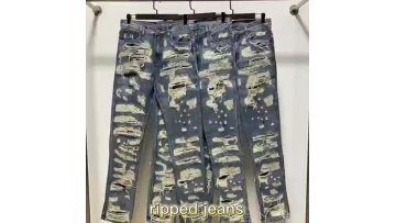 European High Street Male Hole Repair Blue Jeans Motorcycle Pant Distressed Ripped Jeans Men1