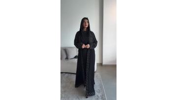 Polka Dot Lace Trim Open Abaya (1)