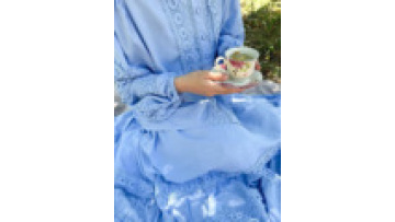 Morocco Malaysia Dress Middle East Arab Muslim Women's Hollow Lace Patchwork Bubble Sleeve Top+Large Swing Skirt Two Piece Set1