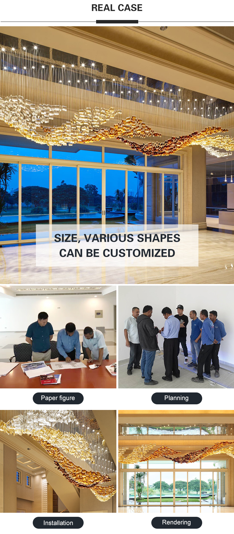 Energy saving fancy luxury commercial crystal glass big project chandelier