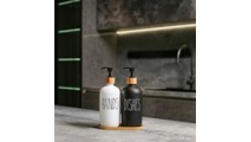 Bathroom Kitchen Bamboo Tray Foam Pump 500ml 16oz Matte Black White Liquid Glass Soap Dispenser Bottle Set1