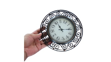 Vintage Farmhouse Clock 8 Inch - Distressed Brown Scroll Frame, High Contrast Dial w/ Minute Markers