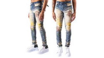 Wholesale Retro Men's Custom Fashion Wash Paint Splash Knees Ripped Denim Jeans1