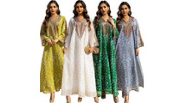 2025 Spring Summer Muslim Jalabiya Fashion Mesh Embroidered Patchwork Abaya Long Sleeve Robe Middle Eastern V-neck Evening Dress1