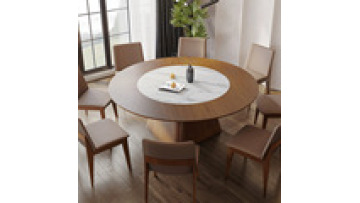 Chinese solid wood inlaid rock plate dining table household hotel large round table walnut color large round dining table Chairs1