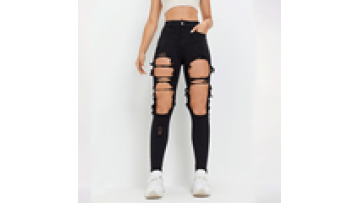 Black Damaged Jean Pant Woman  Big Hole Baggy Wide Leg Jeans Wholesale for Women1