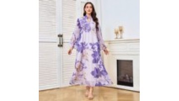 Dubai Modest Fashion Dress for Muslim Women Elegant Purple Floral Printed Long Robe Hot Diamond Abaya Women Muslim Dress1