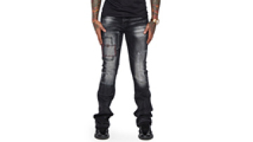 Custom Men Light Weight Vintage Wash Denim High Street Color Block Distressed Pants   Stacked Flare Jeans1