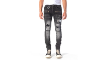 Black Washed Street Style Jeans Men's Jeans Shredded Slim Fit Stretch Patch Personalized Casual Distressed Jeans1