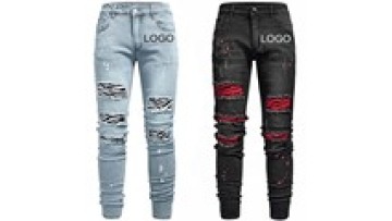 Wholesale Men's Jeans Custom Hip Hop Patch Ripped Denim Jeans Casual Fashion Slim Trousers Tapered men's pants1