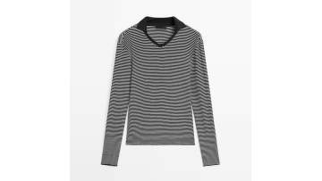 Women's casual and minimalist commuting style with striped long sleeved T-shirt inside
